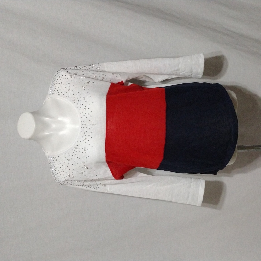 Vecceli Italy Colorblock Rhinestone Pearl Blouse Roll Tab Sleeve Glam Top Large